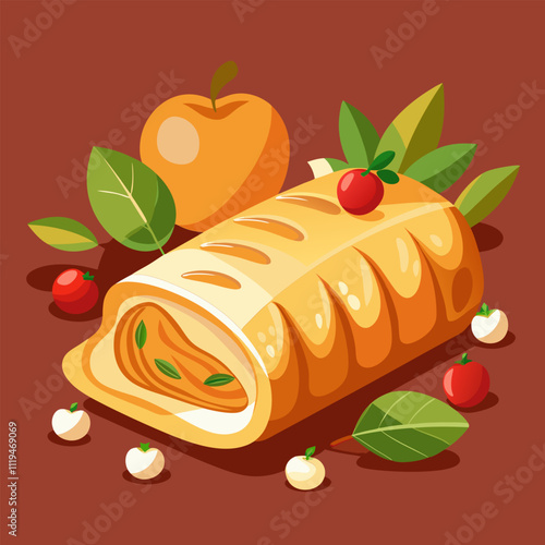 A delicious apple strudel with berries and leaves.