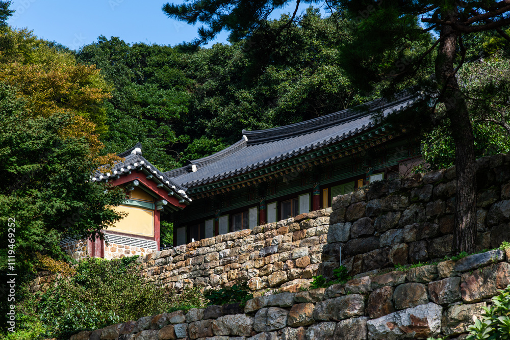 low angle view of the Buddhist temple buildings low angle view of the Buddhist temple buildings