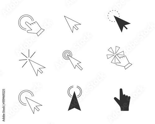 Mouse Click Cursors and Pointer set icon, line choice button. Click here, press ui indicator. Ux ui design element. Swipe gesture, navigation.