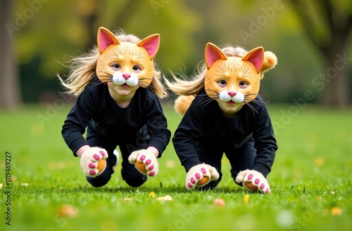 portrait of two teenage girls running on all fours on grass in park, fluffy ears, paper carnival cat mask covering face, black clothes, cat paw mittens on hands, fluffy tail behind, blurred park in ba photo