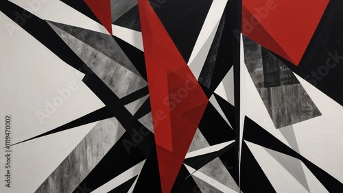 A bold abstract composition with chunky black shapes, sharp red streaks, and splashes of white paint, evoking the feel of modern street art.