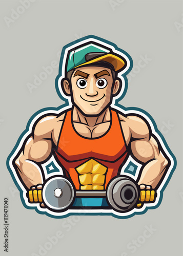 A cartoon illustration of a buff man lifting weights.