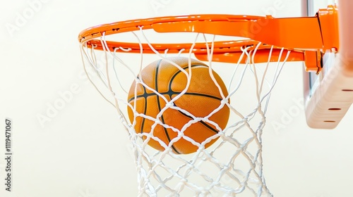 Basketball soaring through the hoop net. photo