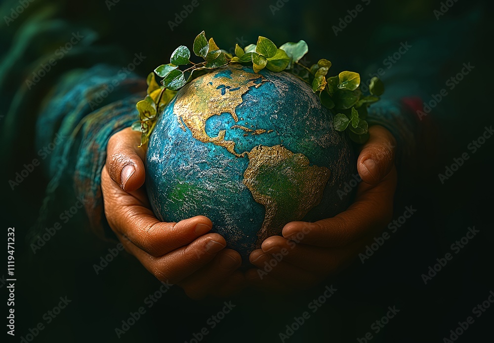 Person holds leafy globe, green backdrop Person holds leafy globe, green backdrop