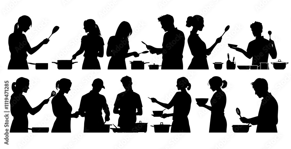 set of silhouettes of people cooking. set of silhouettes of people cooking.