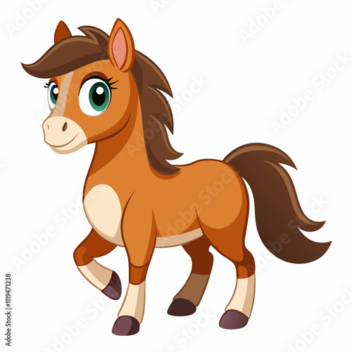 A Cute Cartoon Brown Horse With Big Green Eyes.