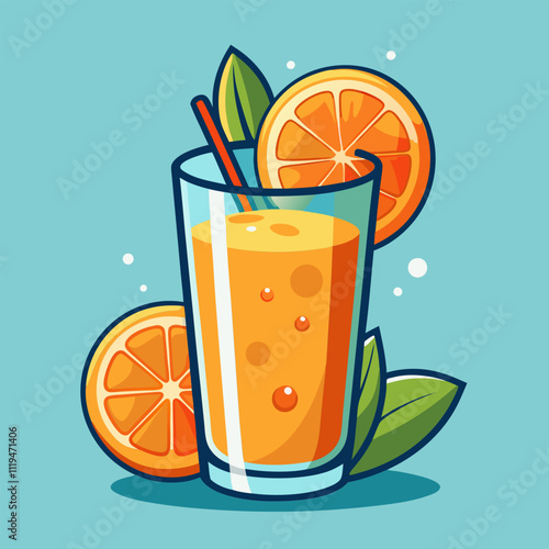 A refreshing glass of orange juice with a straw and orange slices.