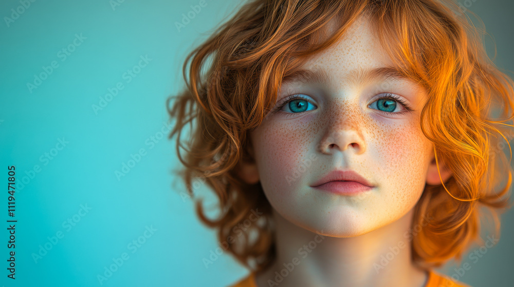 Redheaded child with freckles looks intently at the camera in natural light Redheaded child with freckles looks intently at the camera in natural light