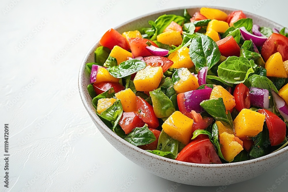 Bright colorful vegetable salad in bowl on light background Bright colorful vegetable salad in bowl on light background