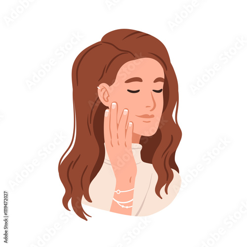 Beautiful woman touching face skin, cheek with neat hand, groomed nails. Delicate female beauty. Young pretty gentle girl with eyes closed. Flat vector illustration isolated on white background