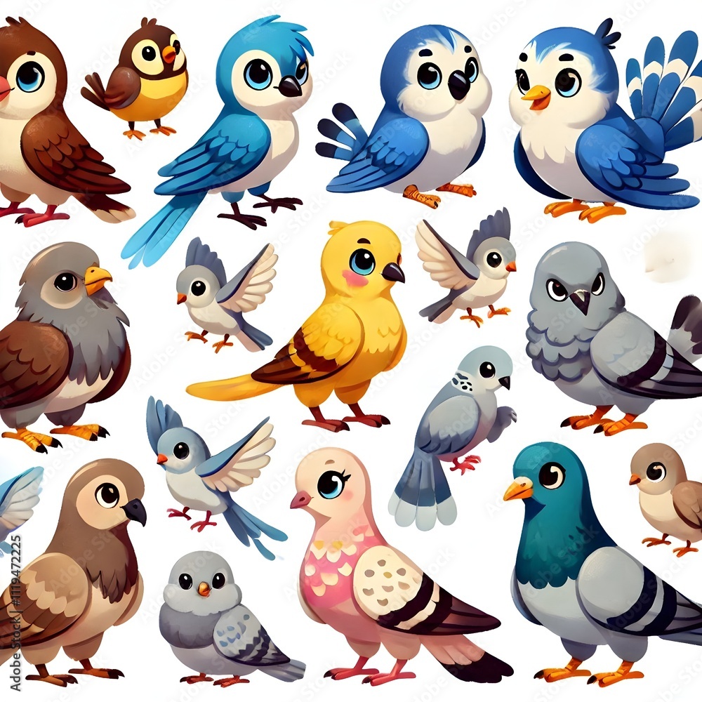 Fototapeta premium Colorful set of cartoon birds - brown sparrows, blue parakeets, white doves, yellow titmouse and grey pigeons. Feathered characters couples in different .. (1)_Nero AI_Photo