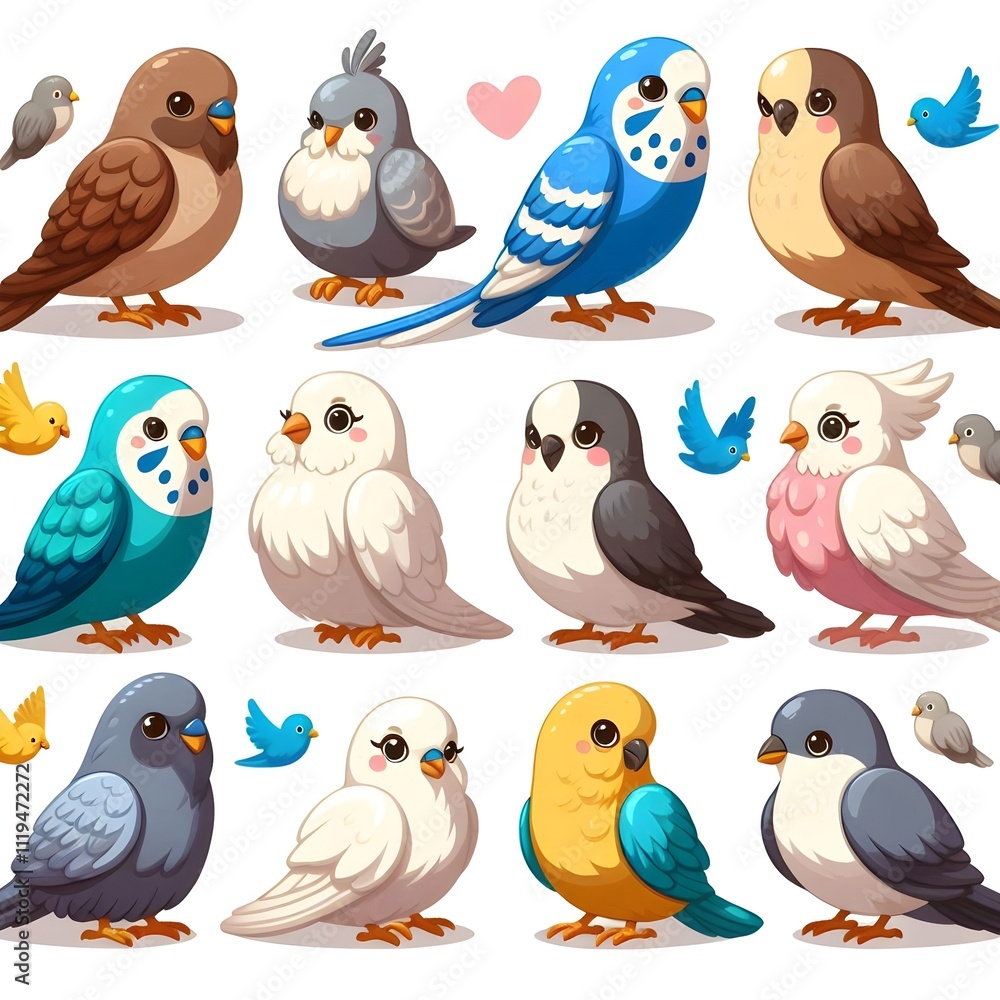 Fototapeta premium Colorful set of cartoon birds - brown sparrows, blue parakeets, white doves, yellow titmouse and grey pigeons. Feathered characters couples in different .. (1)_Nero AI_Photo