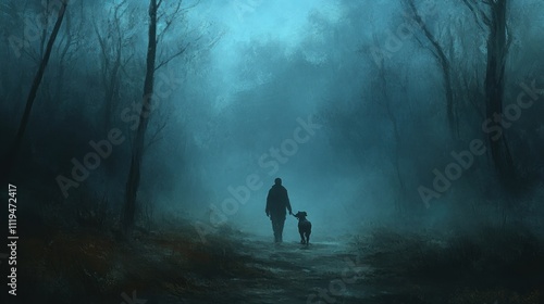 A lone figure walks with their dog down a misty forest path at twilight.