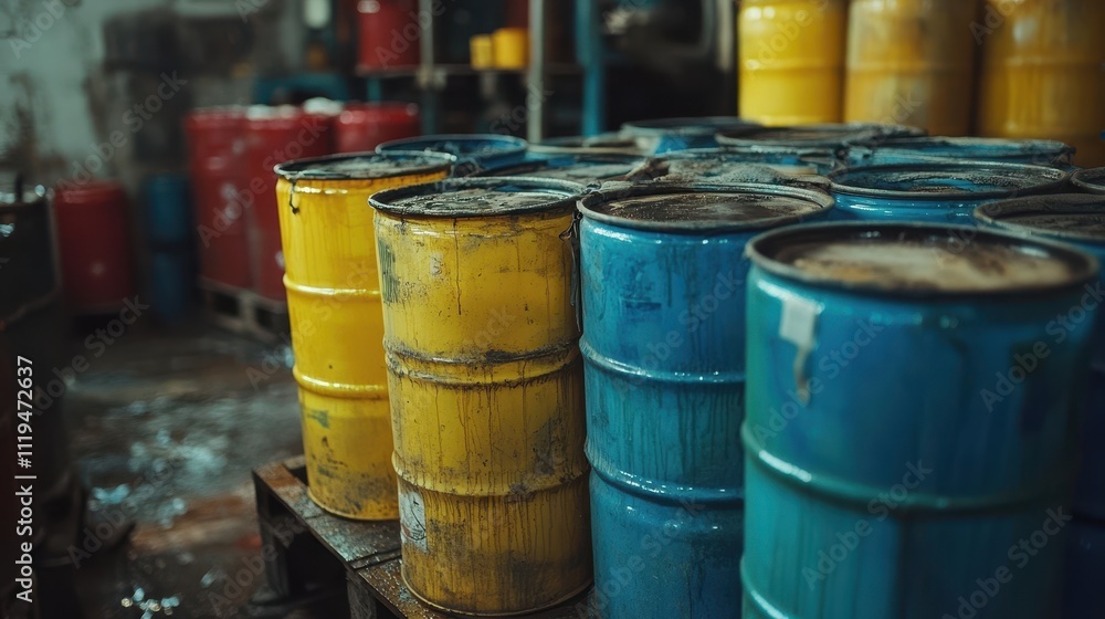 Abandoned Factory with Chemical Barrels in Dim Lighting Abandoned Factory with Chemical Barrels in Dim Lighting