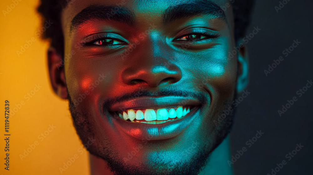 Smiling young man with beard under colorful lights and dramatic shadows Smiling young man with beard under colorful lights and dramatic shadows