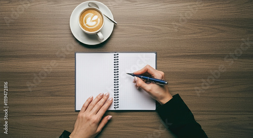 Writing check list concept. Pov top above overhead close up view photo of female hand making notes in empty notepad near white plaid and hot cup of coffee photo