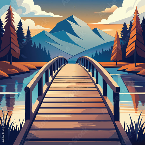 A wooden bridge leading to a mountain range.