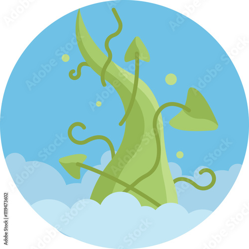 A thick beanstalk with winding vines extends through the clouds, symbolizing a journey to a hidden kingdom or mythical treasure.