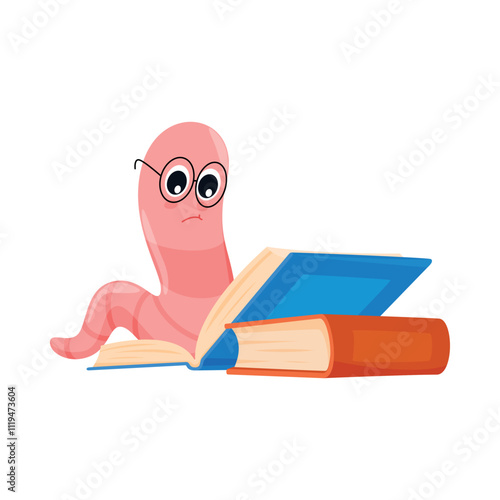 Cartoon bookworm reading books on white background, emphasizing love for literature and learning