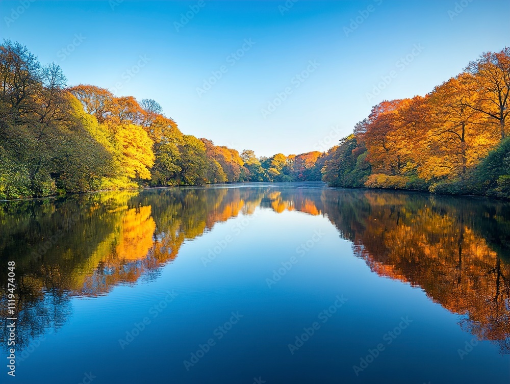 Serene Autumn Lake Reflection Golden Trees and Tranquil Waters Serene Autumn Lake Reflection Golden Trees and Tranquil Waters