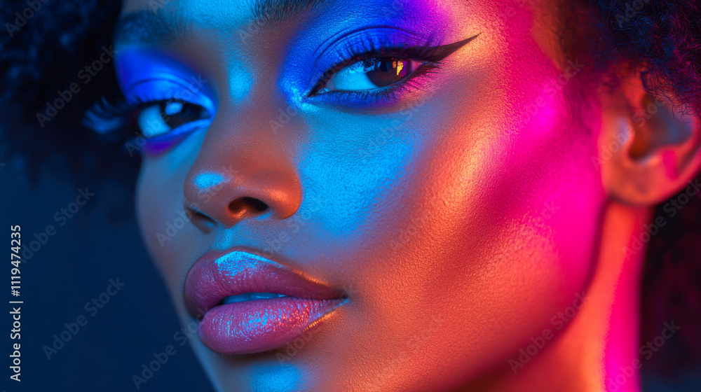 Woman with colorful neon makeup and dramatic eyeliner in close-up portrait Woman with colorful neon makeup and dramatic eyeliner in close-up portrait