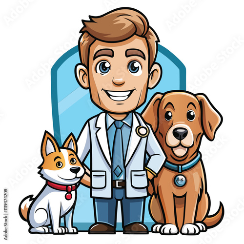 A cheerful veterinarian with two happy dogs.