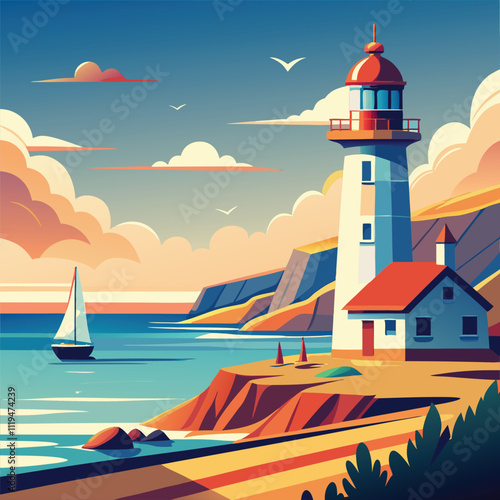A coastal landscape with a lighthouse. a sailboat. and a quaint house.