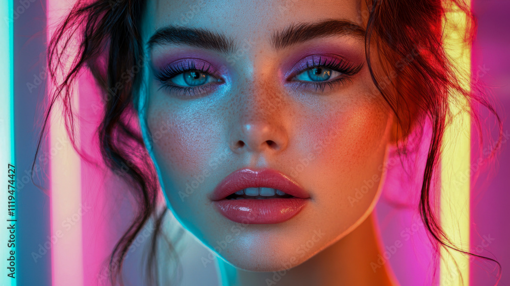 Woman with freckles and colorful makeup against neon lights Woman with freckles and colorful makeup against neon lights