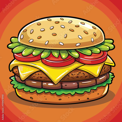 A juicy cheeseburger with lettuce. tomato. and a sesame seed bun.
