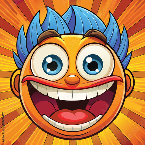 A cartoon character with blue hair and a big. toothy grin.