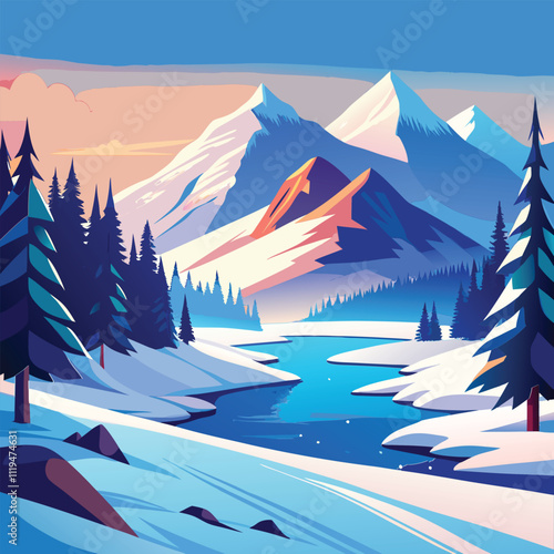 A stunning winter landscape with snow-capped mountains and a winding river.