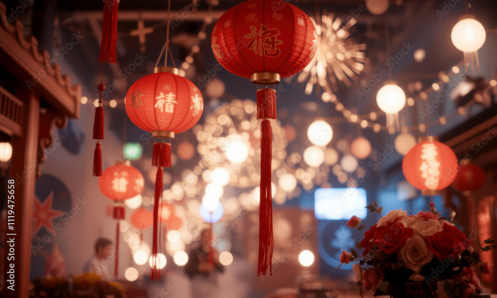 Festive red lanterns illuminate vibrant celebration, creating warm and inviting atmosphere. decorations evoke sense of joy and cultural richness, perfect for New Year festivities Festive red lanterns illuminate vibrant celebration, creating warm and inviting atmosphere. decorations evoke sense of joy and cultural richness, perfect for New Year festivities