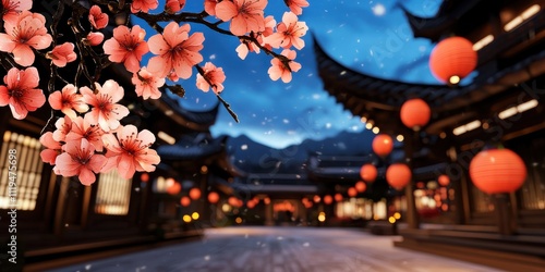 Winter holiday travel culture. A serene evening scene featuring blooming cherry blossoms, traditional architecture, and red lanterns under a twilight sky. photo