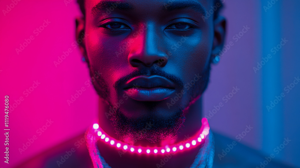 Young man with beard in neon lighting looking intense at camera Young man with beard in neon lighting looking intense at camera