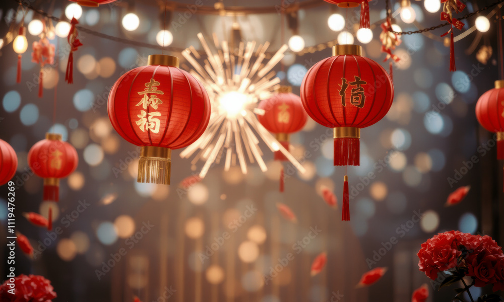 Red lanterns illuminate festive scene, celebrating Lunar New Year with vibrant colors and sparkling lights, creating joyful atmosphere Red lanterns illuminate festive scene, celebrating Lunar New Year with vibrant colors and sparkling lights, creating joyful atmosphere