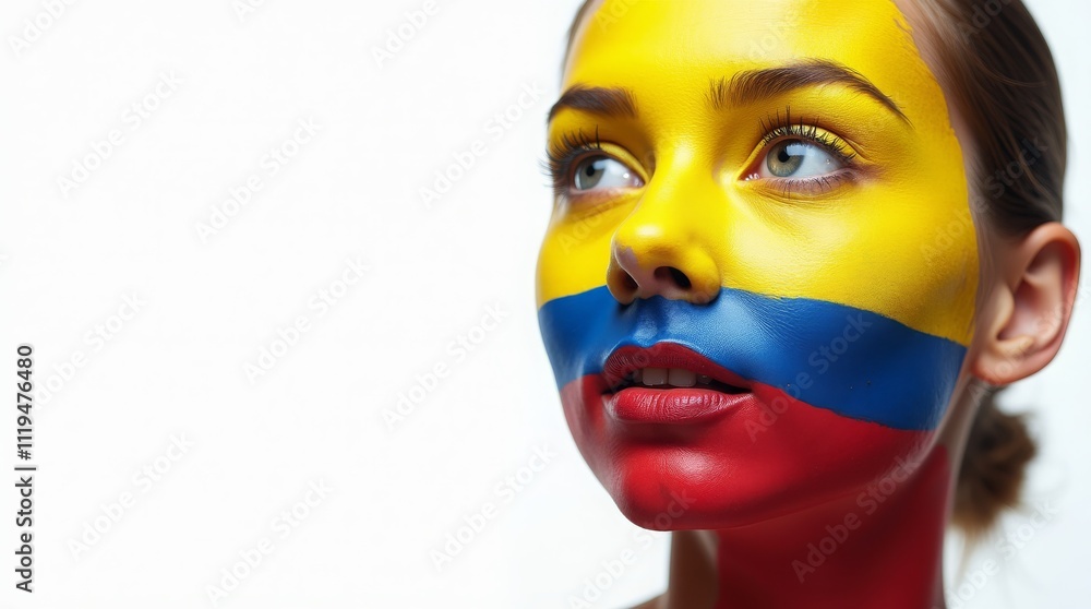 Woman with Colombian flag face paint, thoughtful gaze, and vibrant colors Woman with Colombian flag face paint, thoughtful gaze, and vibrant colors