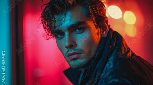 Young man with stubble in leather jacket at night with neon lights
