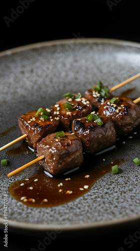 Grilled Yakitori skewers with glistening glaze, garnished with chopped scallions photo