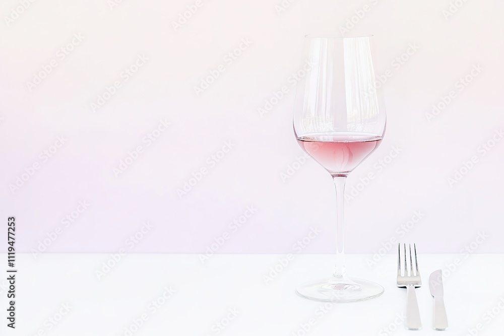 Minimalistic setting with pink wine in glass, fork, knife on white. Minimalistic setting with pink wine in glass, fork, knife on white.