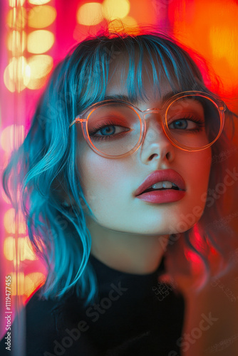 Young woman with blue hair and glasses in colorful neon lights