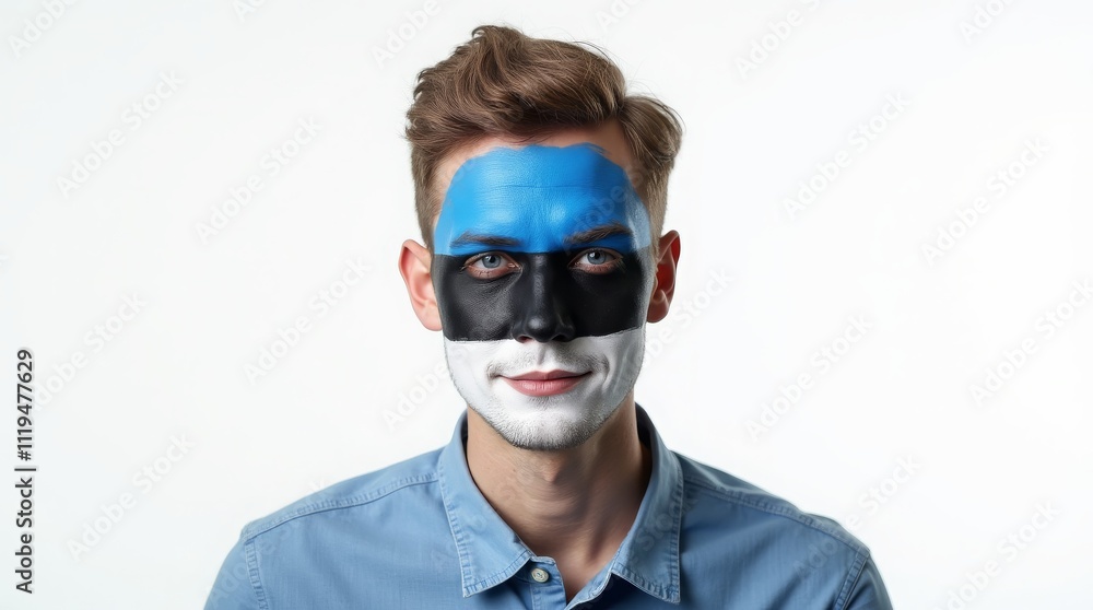 Man with Estonia flag on face. Blue, black, and white face paint, confident expression, artistic style Man with Estonia flag on face. Blue, black, and white face paint, confident expression, artistic style