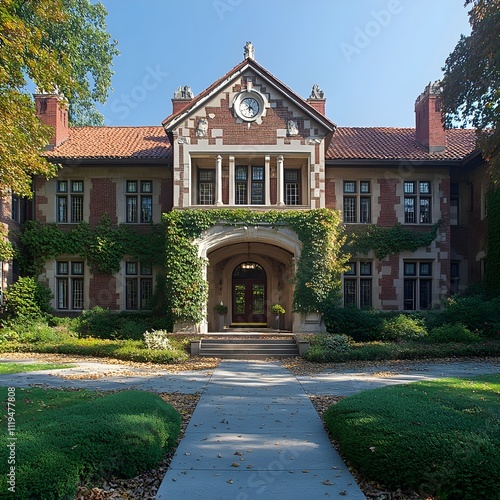 A large brick house with a clock on the front