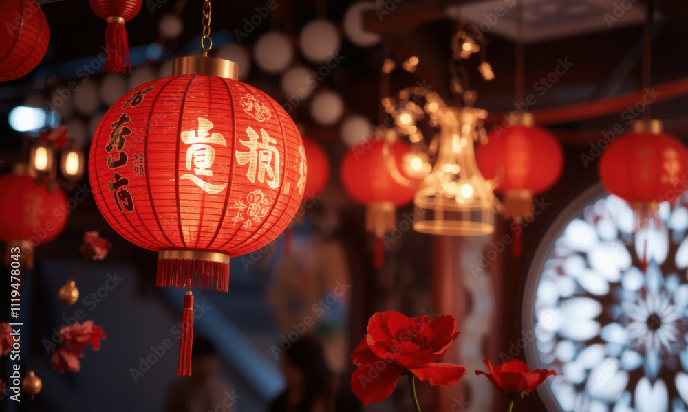 Red lanterns illuminate festive scene, creating warm and inviting atmosphere for celebrations. intricate designs and vibrant colors enhance joyful ambiance Red lanterns illuminate festive scene, creating warm and inviting atmosphere for celebrations. intricate designs and vibrant colors enhance joyful ambiance
