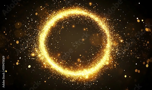 Golden glitter circle of light shine sparkles and silver spark particles in circle frame on black background, Generative Ai