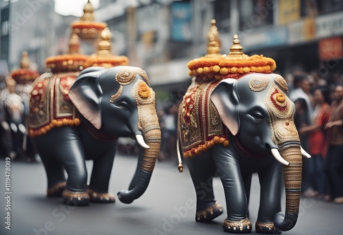 Decorated elephants with gold plated caparisons standing for parade on festival in India. photo