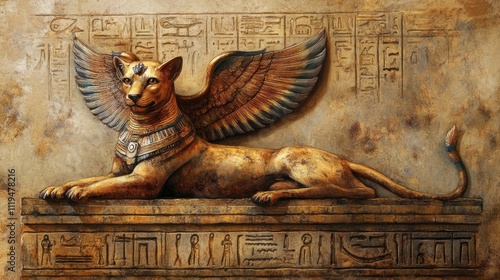Ancient Egyptian Sphinx Sculpture:  A Majestic Golden  Representation of Bastet, Goddess of Protection and Cats, Adorned with Hieroglyphs