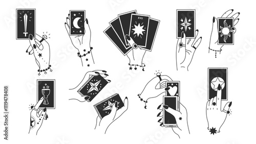 Hand holding Tarot Cards Set. Fortune telling prediction woman gestures collection in line art doodle sty. Mystical Esoteric icons. Vector illustration