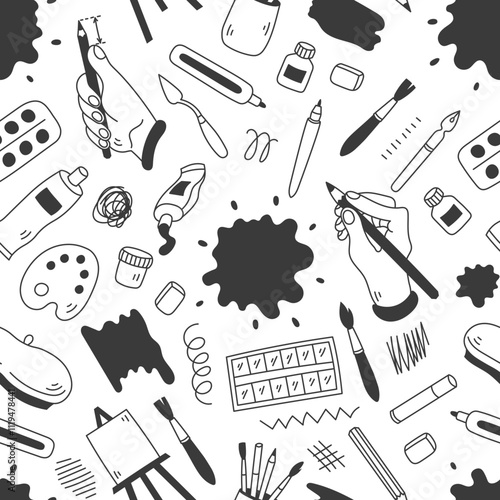 Art Supplies Doodle Seamless Pattern. Hand drawn creativity background with falling line elements brush crayon easel paints gouache. Repeat vector illustration