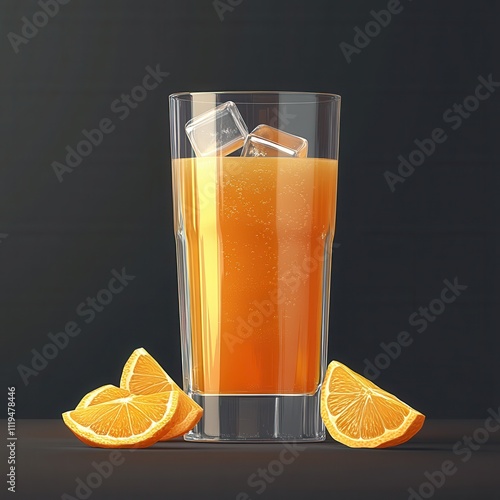 Refreshing orange juice in a tall glass with ice cubes and orange slices on a dark surface.