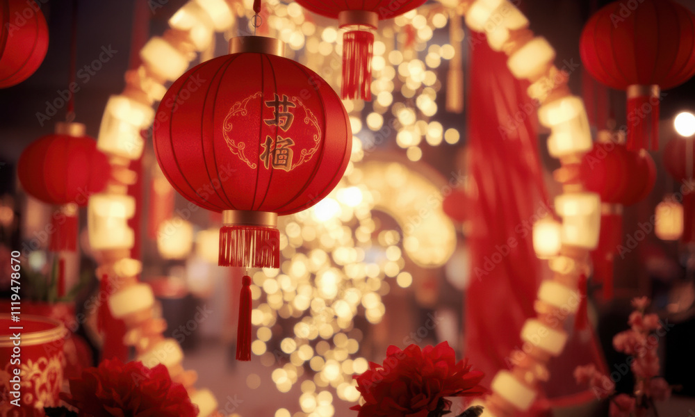 Festive red lanterns illuminate vibrant celebration, creating warm and joyful atmosphere. scene captures essence of cultural festivities and traditions Festive red lanterns illuminate vibrant celebration, creating warm and joyful atmosphere. scene captures essence of cultural festivities and traditions